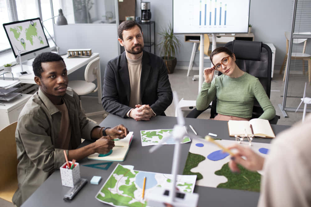 sostenibilidad empresarial - compañeros de trabajo debatiendo sobre su empresa para ser más sostenibles